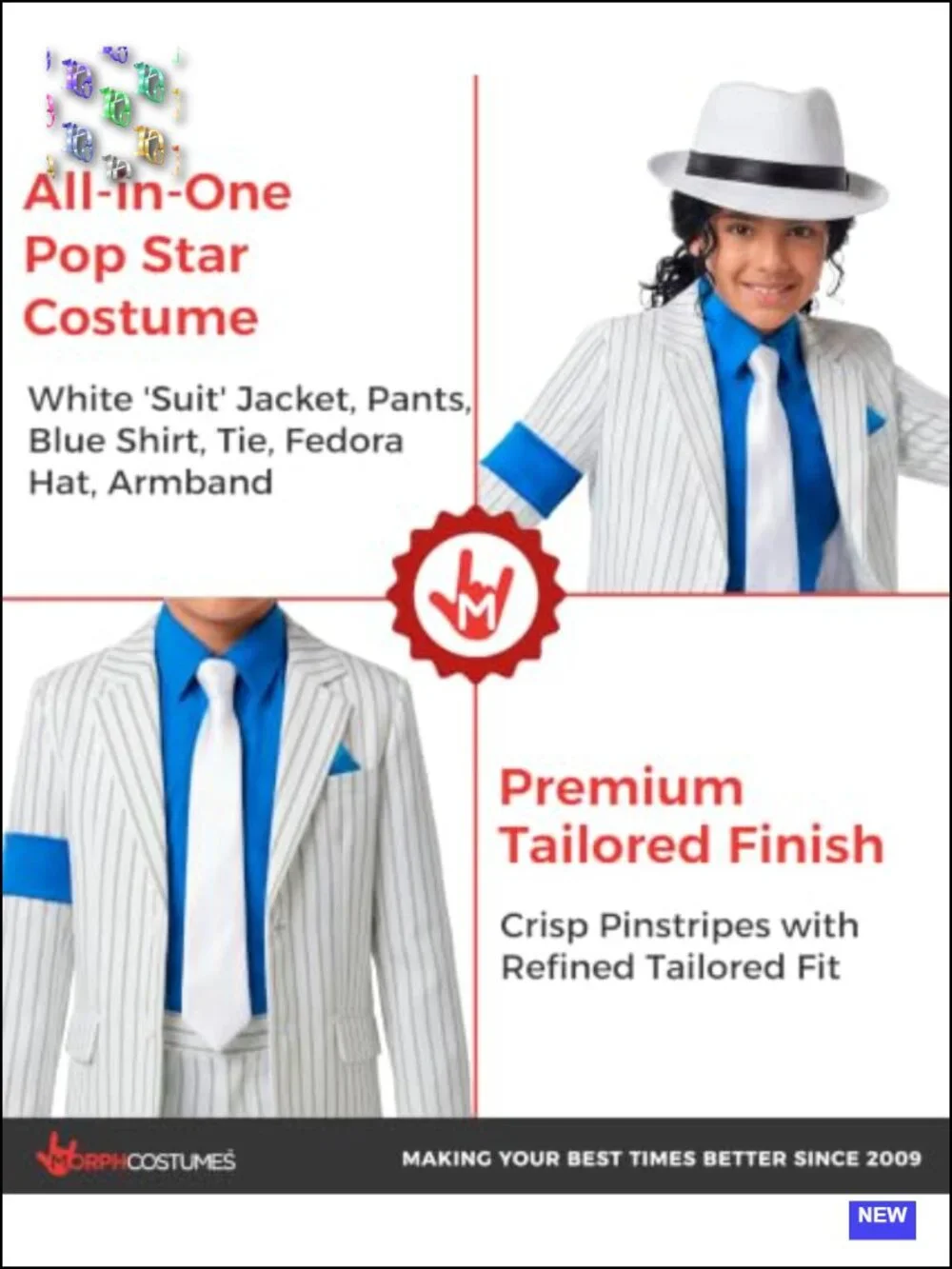 Pop Star Costume Kids Boys Halloween White Pinstripe Outfit with Hat
